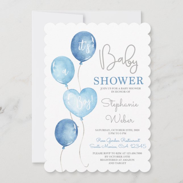 Blue Balloons Baby Duschboy Einladung (Vorderseite)