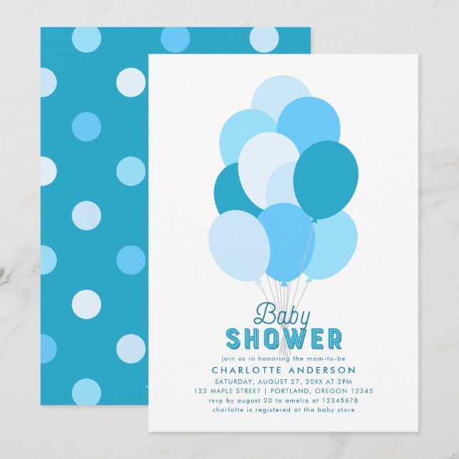 Blue Balloons Baby Dusche Einladung (Vorne/Hinten)