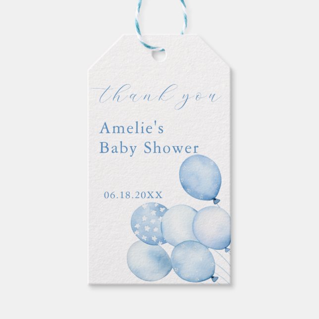 Blue Balloons Baby Dusche Vielen Dank für Ihr Inte Geschenkanhänger (Vorderseite)