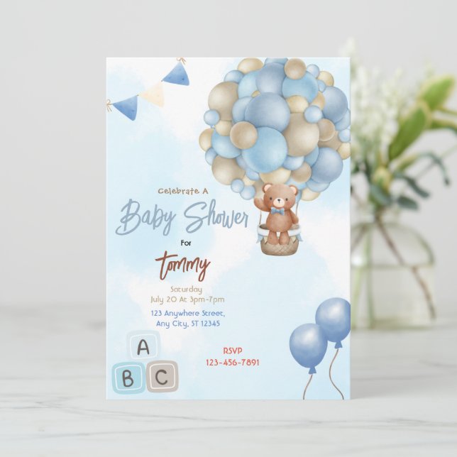 Blue Balloons Baby Shower Einladung (Stehend Vorderseite)