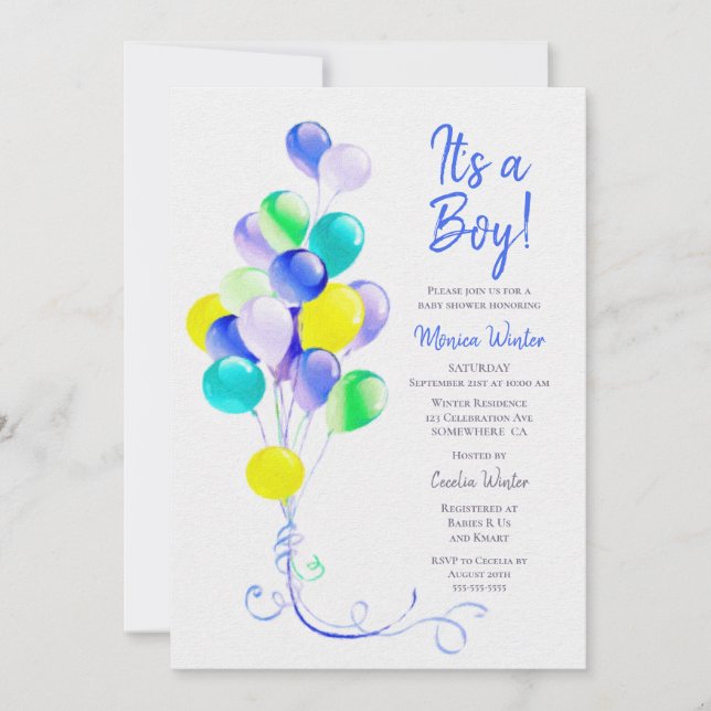 Blue Balloons Baby Shower Einladung (Vorderseite)