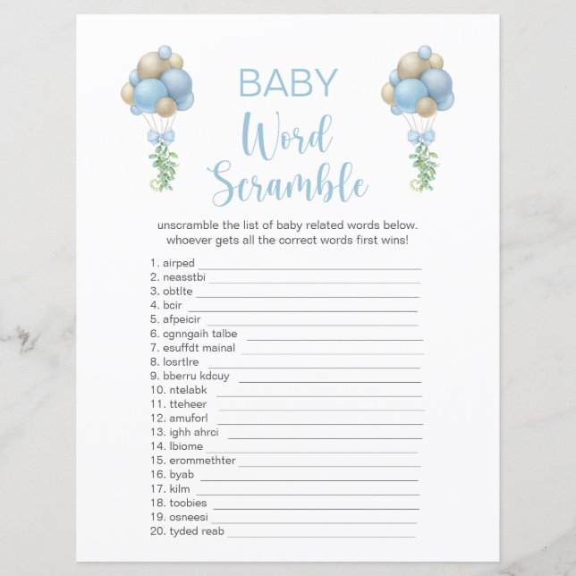 Blue Balloons Baby Shower Word Scramble (Vorderseite)