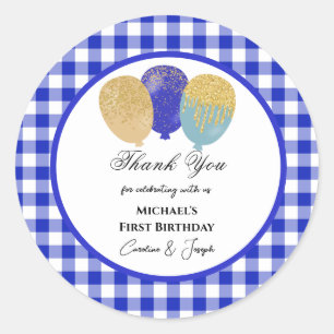 Blue Balloons & Blue Gingham Vielen Dank Runder Aufkleber