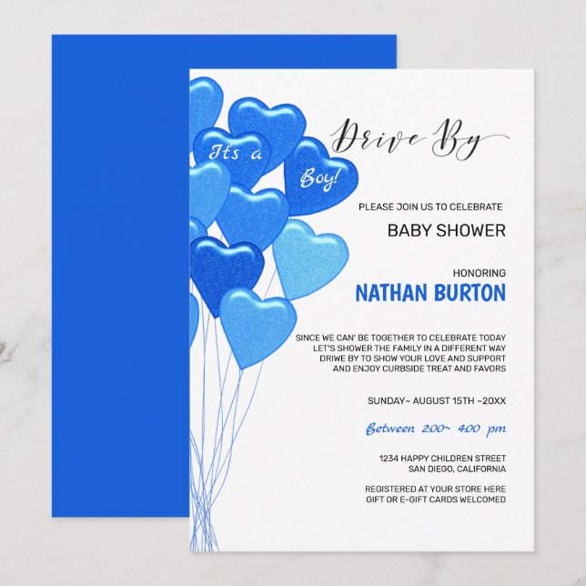 Blue Balloons Drive by Baby Einladung (Vorne/Hinten)