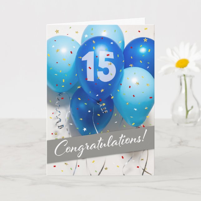 Blue Balloons für Mitarbeiter 15 Jahre Karte (Kleine Pflanze)