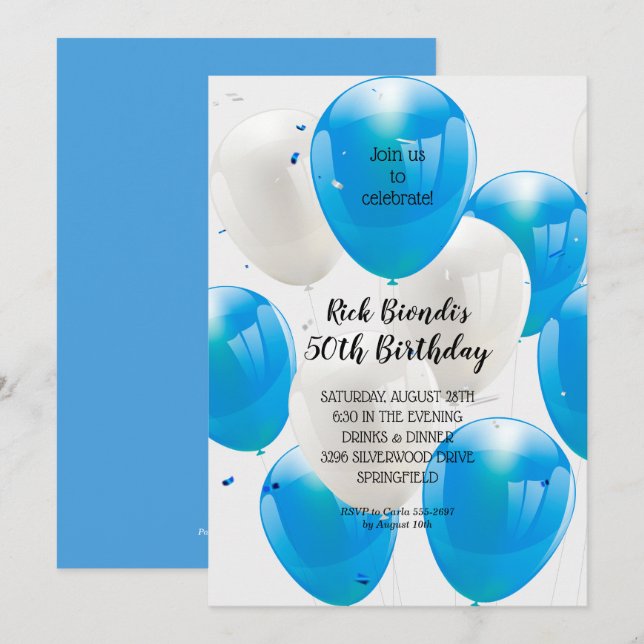 Blue Balloons Geburtstagsparty Einladungen (Vorne/Hinten)