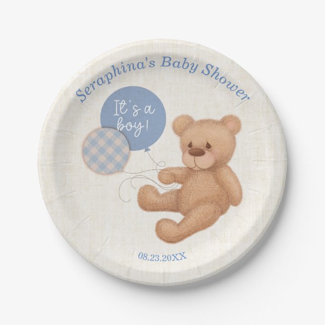 Blue Balloons Teddy Bear Baby Duschpapier Teller (Vorderseite)