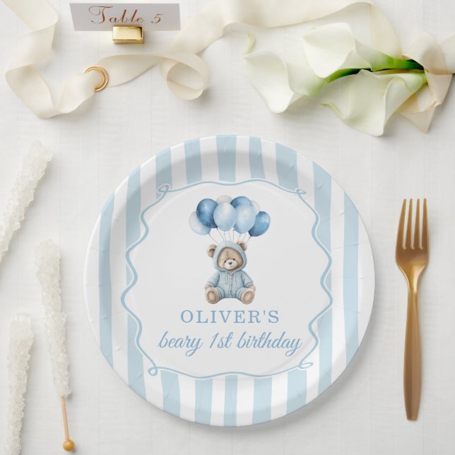 Blue Balloons Teddy Bear Birthday Paper Plate Pappteller (Hochzeit)