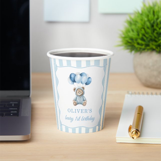 Blue Balloons Teddy Bear Birthday  Pappbecher (InSitu)