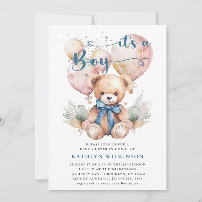 Blue Balloons Teddy Bear Niedlich Boy Baby Dusche Einladung (Vorderseite)