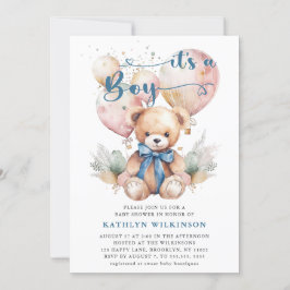 Blue Balloons Teddy Bear Niedlich Boy Baby Dusche Einladung