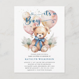 Blue Balloons Teddy Bear Niedlich Boy Baby Dusche Einladungspostkarte