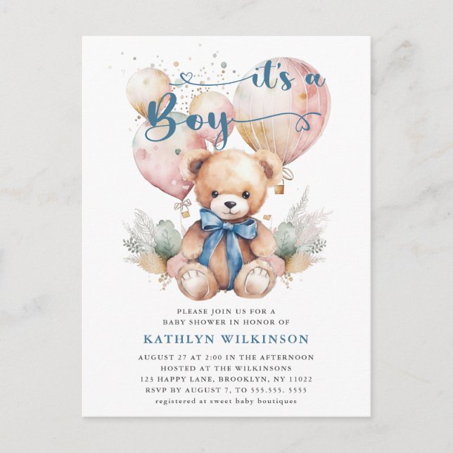 Blue Balloons Teddy Bear Niedlich Boy Baby Dusche Einladungspostkarte (Vorderseite)