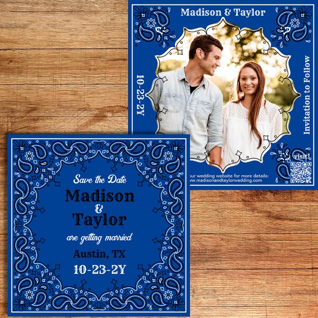 Blue Bandana Foto Flat Save the Date Card (Classic blue bandana Save the Date with your photo and a QR code.)