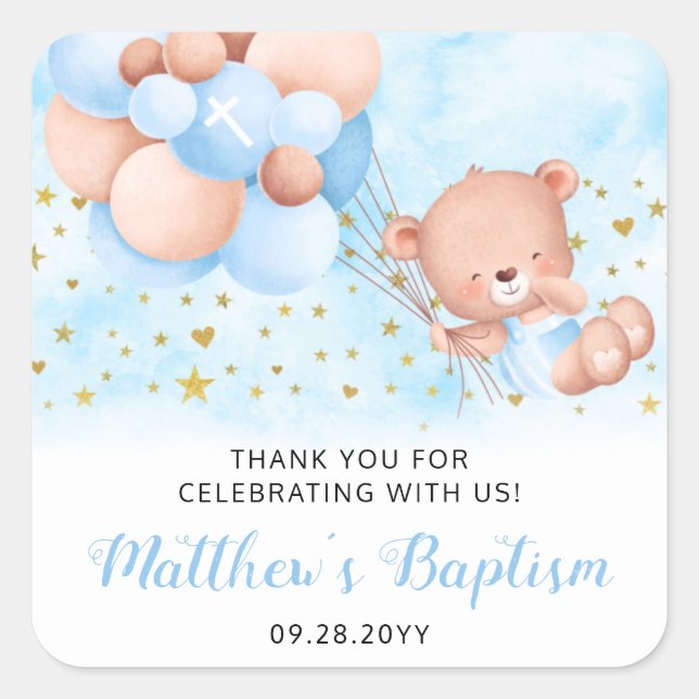 Blue Baptism Teddy Bär Vielen Dank, dass Sie Taufe Quadratischer Aufkleber (Vorderseite)