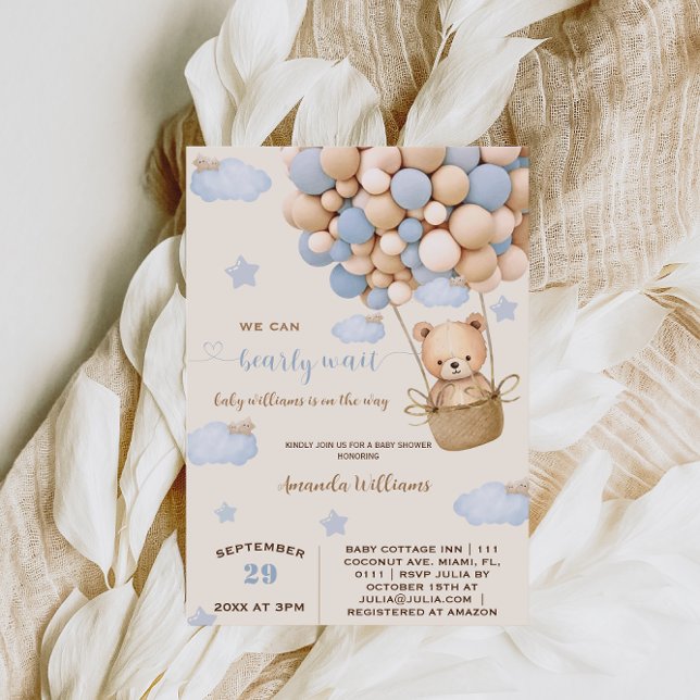 Blue Bar Balloons Bearly Wait Baby Boy Dusche Einladung (Von Creator hochgeladen)