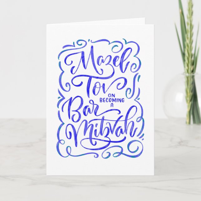 Blue Bar Mitzvah Hand-Buchstaben-Grußkarte Karte (Vorderseite)