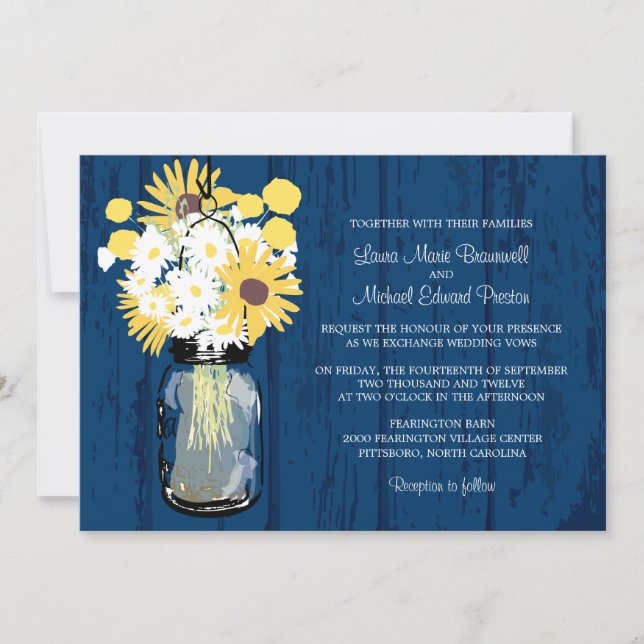 Blue Barn Mason Jar Daisies Sonnenblumen Hochzeit Einladung (Vorderseite)