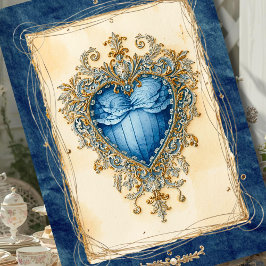 Blue Baroque Heart with Gilded Ornamental Frame Feiertagskarte