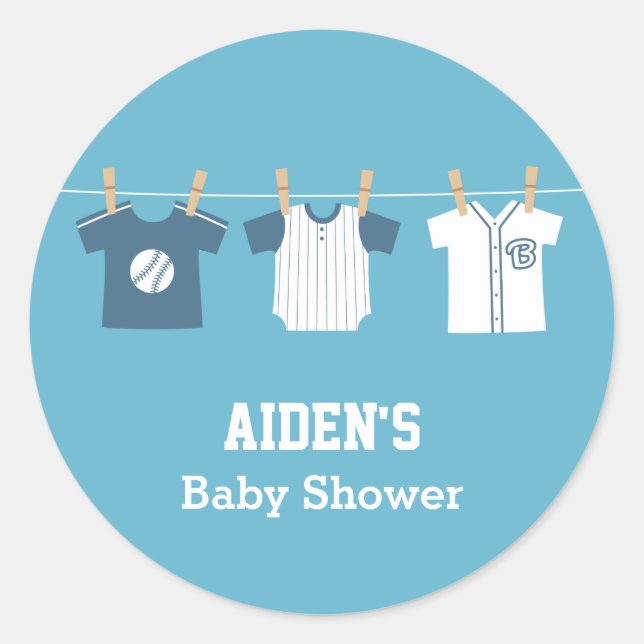 Blue Baseball Baby Boy Dusche Party Labels Runder Aufkleber (Vorderseite)