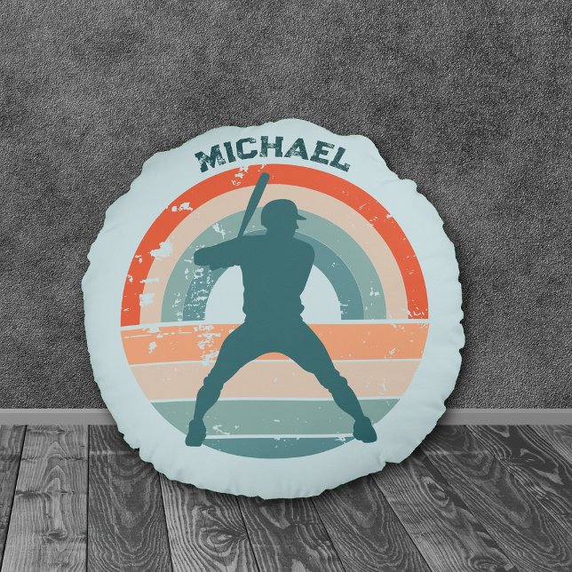 Blue Baseball Batter Retro Rainbow Rundes Kissen (Von Creator hochgeladen)