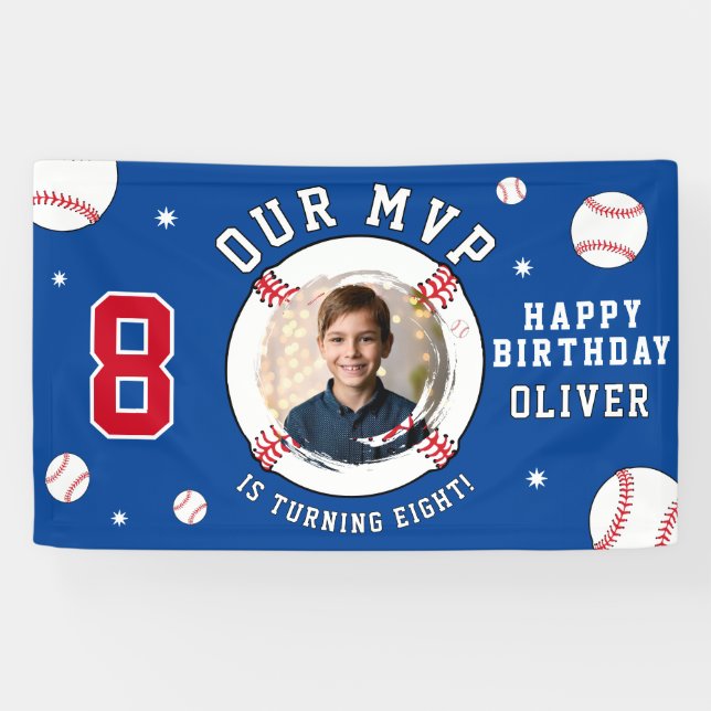 Blue Baseball Themed Kindergeburtstag Foto Banner (Horizontal)