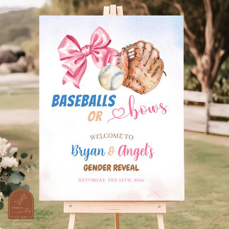 Blue Baseballs und Pink Bows Gender Reveal willkom Poster