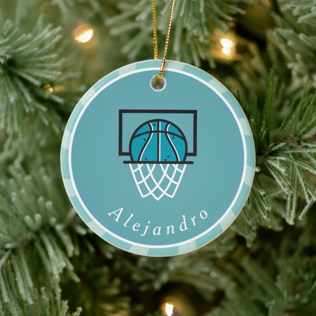 Blue Basketball Ball & Basket Player's Name Coach Keramik Ornament (Baum)