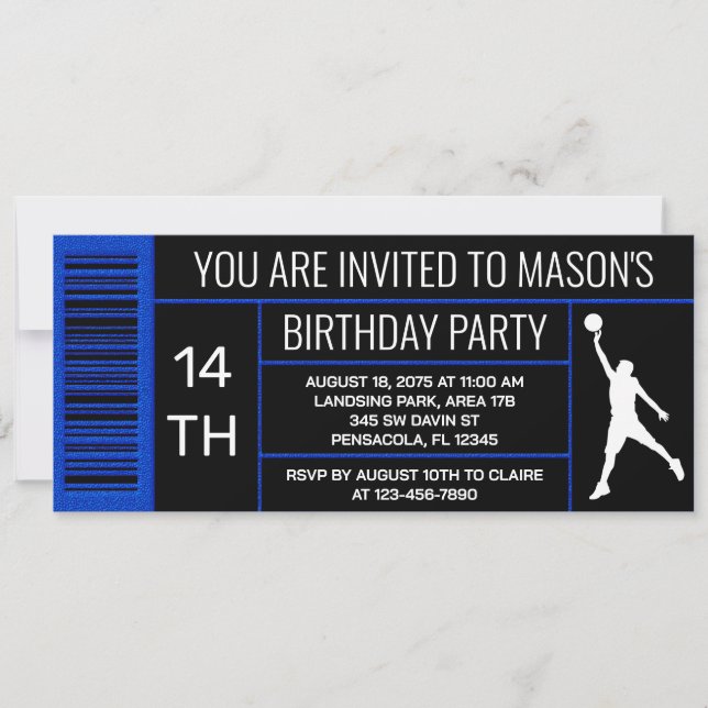 Blue Basketball Birthday Party Showbox Etikett Einladung (Vorderseite)
