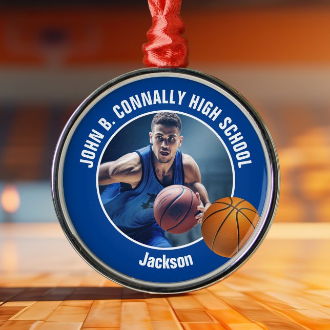 Blue Basketball Player Photo Christmas Ornament Aus Metall (Von Creator hochgeladen)