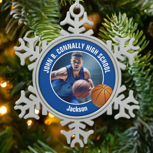 Blue Basketball Player Photo Keepsake Gift Schneeflocken Zinn-Ornament (Von Creator hochgeladen)
