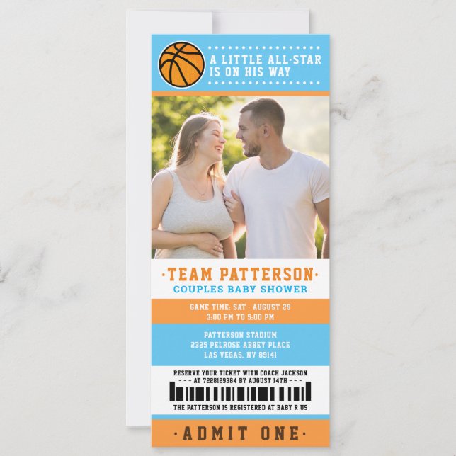 Blue Basketball Ticket Paare Kinderdusche Foto Einladung (Vorderseite)
