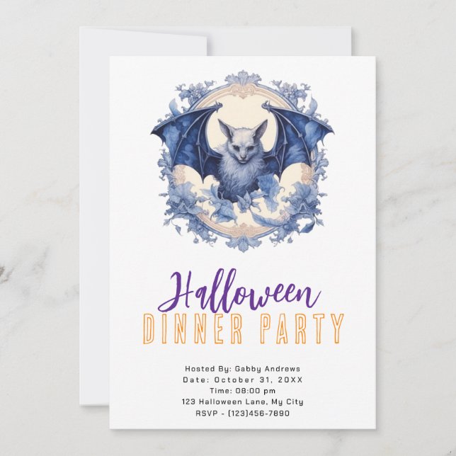 Blue Bat Blue Flowers Halloween Abendessen Party Einladung (Vorderseite)