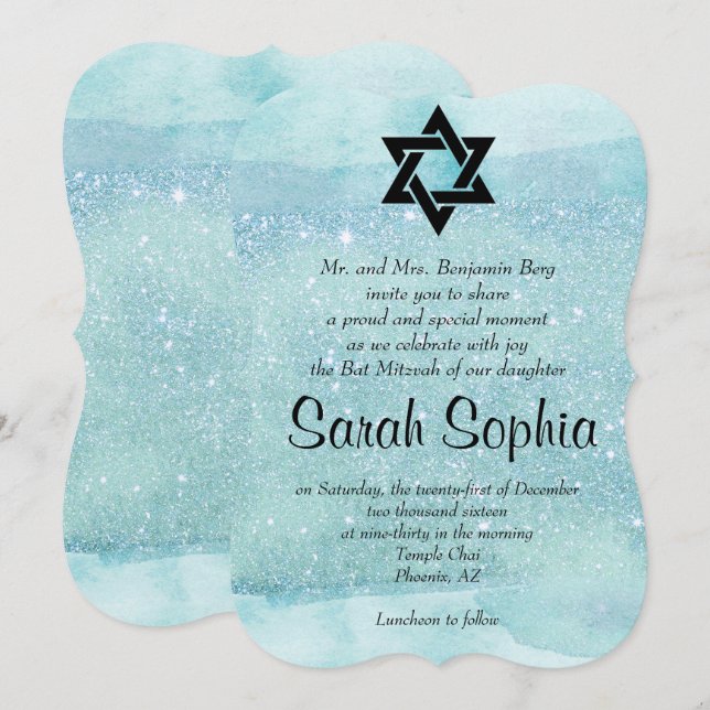 Blue Bat Mitzvah, Wasserfarbe, Türkis, Glitzer Einladung (Vorne/Hinten)