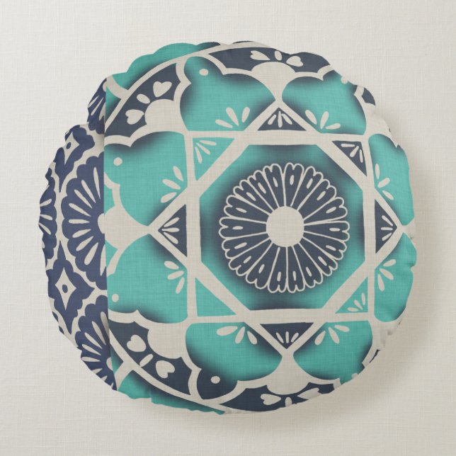 Blue Batik Tile II Rundes Kissen (Vorderseite)