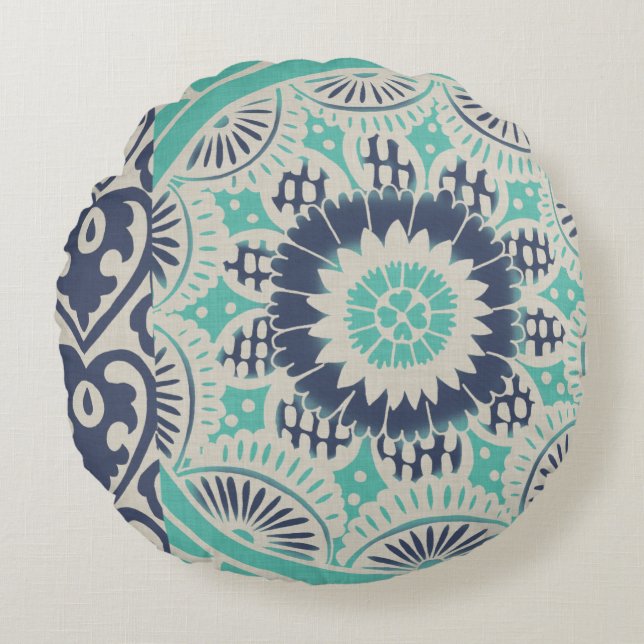 Blue Batik Tile III Rundes Kissen (Vorderseite)