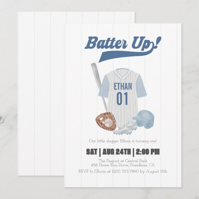 Blue Batter Up Baseball Einladung zum ersten Gebur (Vorne/Hinten)