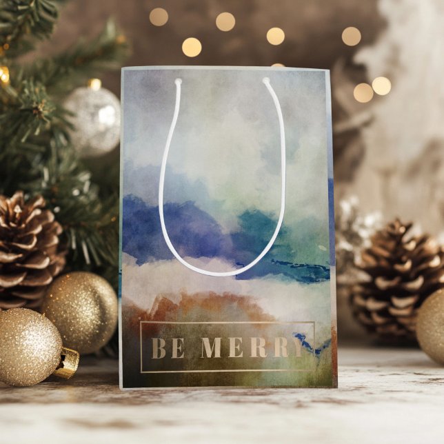 Blue Be Merry Holiday Mittlere Geschenktüte (Be Merry Watercolor Gift Bag)