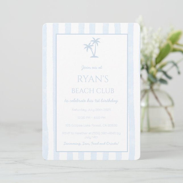 Blue Beach Club 1. Geburtstag Boy Stripes Einladung (Stehend Vorderseite)