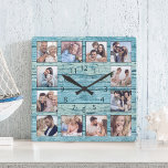 Blue Beach Driftwood Planks Rustic Nautical Quadratische Wanduhr<br><div class="desc">Easily create your own personalized blue rustic driftwood planks lake house style wall clock with your custom photos. The template uses a photo filter to create a more coordinated look. For best results,  crop the images to square - with the focus point in the center - before uploading.</div>