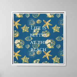 Blue Beach Gold Muscheln Leinwanddruck
