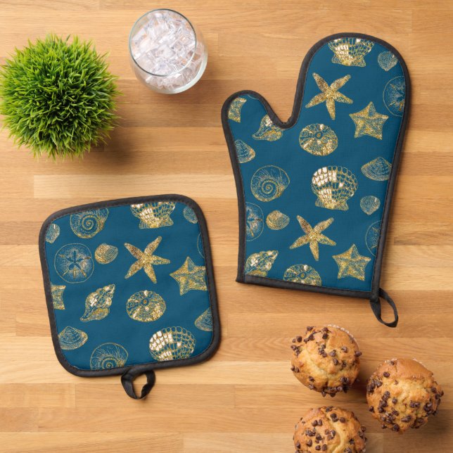 Blue Beach Gold Muscheln Ofenhandschuh & Topflappen-Set (Oben Unten)