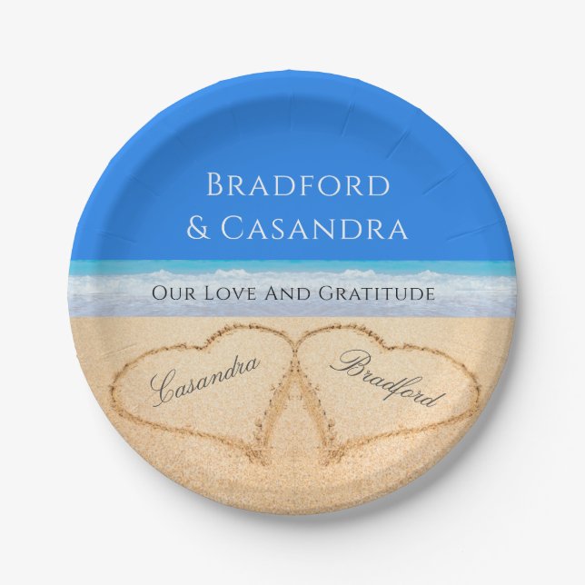 Blue Beach Hochzeit 2 Herz im Sand Pappteller (Vorderseite)
