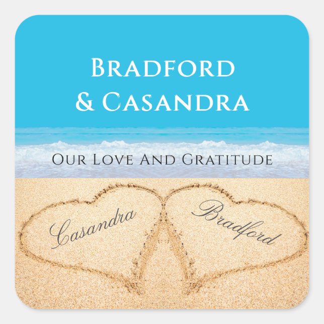 Blue Beach Hochzeit 2 Herzen in den Sand Stickers (Vorderseite)