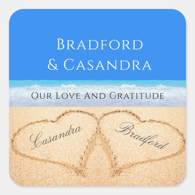 Blue Beach Hochzeit 2 Herzen in den Sand Stickers (Vorderseite)