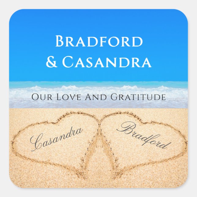 Blue Beach Hochzeit 2 Herzen in den Sand Stickers (Vorderseite)