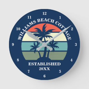 Blue Beach House Palm Tree Island Zuhause Custom Runde Wanduhr