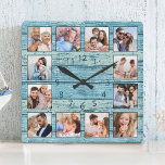 Blue Beach Nautical Driftwood Quadratische Wanduhr<br><div class="desc">Easily create your own personalized blue rustic driftwood planks lake house style wall clock with your custom photos. For best results,  crop the images to square - with the focus point in the center - before uploading.</div>