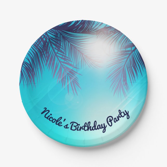 Blue BEACH PARTY Sunny Palm Trees Sommer Geburtsta Pappteller (Vorderseite)