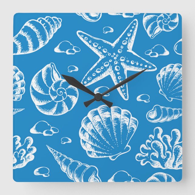Blue Beach Pattern Quadratische Wanduhr (Vorderseite)